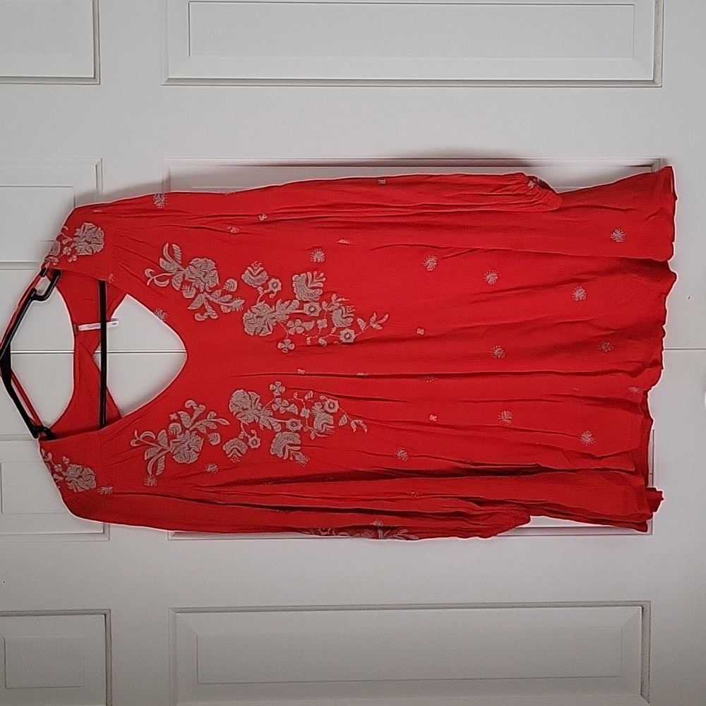 Free People womens red gauzy long sleeve tunic floral embroidery sz xs o…